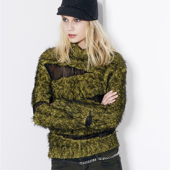 Cop Copine Aluche Fuzzy Furry Sweater w Black Textured Fishnet Style Cutouts - Picture 9 of 10